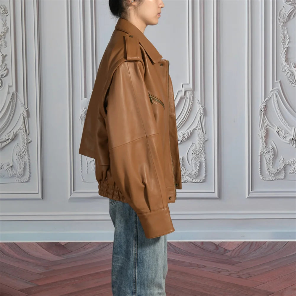 Jaxmonoy Women Sheepskin Jacket Lady Spring Fall Genuine Leather Coat Fashion Removable Sleeves Real Leather Jackets New Arrival