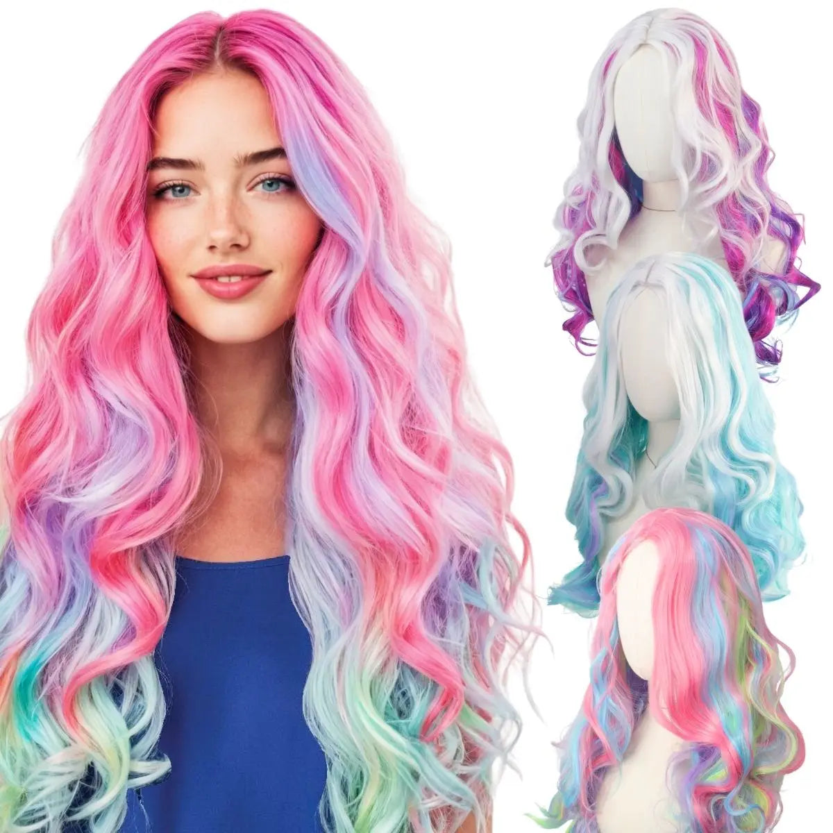 Mixed Color Gradient Long Wavy Anime Cosplay Synthetic Wig Heat Resistant for Christmas Holiday Party