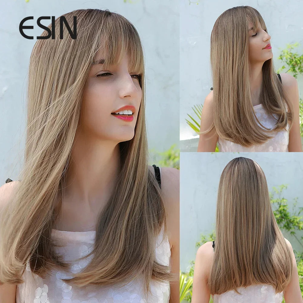 ESIN Synthetic Dark Brown Wig Long Wave Wigs for Women Hair Wig With Bangs Heat Resistant Party Daily Natural Use