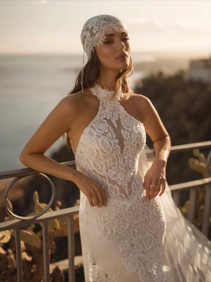 Customized Semor High Neck Lace Mermaid Wedding Dress Long Cape Sleeves Corset Luxury Style Bridal Gown Vestidos De Novia