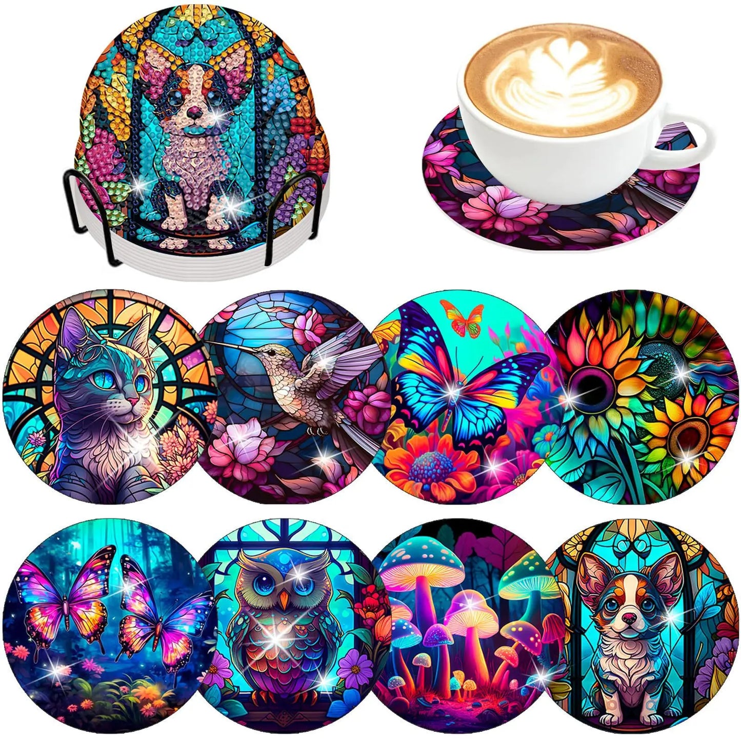 8pcs/Set DIY Diamond Painting Coasters with Holder Anti Slip Wood Drip Mats Crystal Rhinestones Diamond Art Coasters for Adults