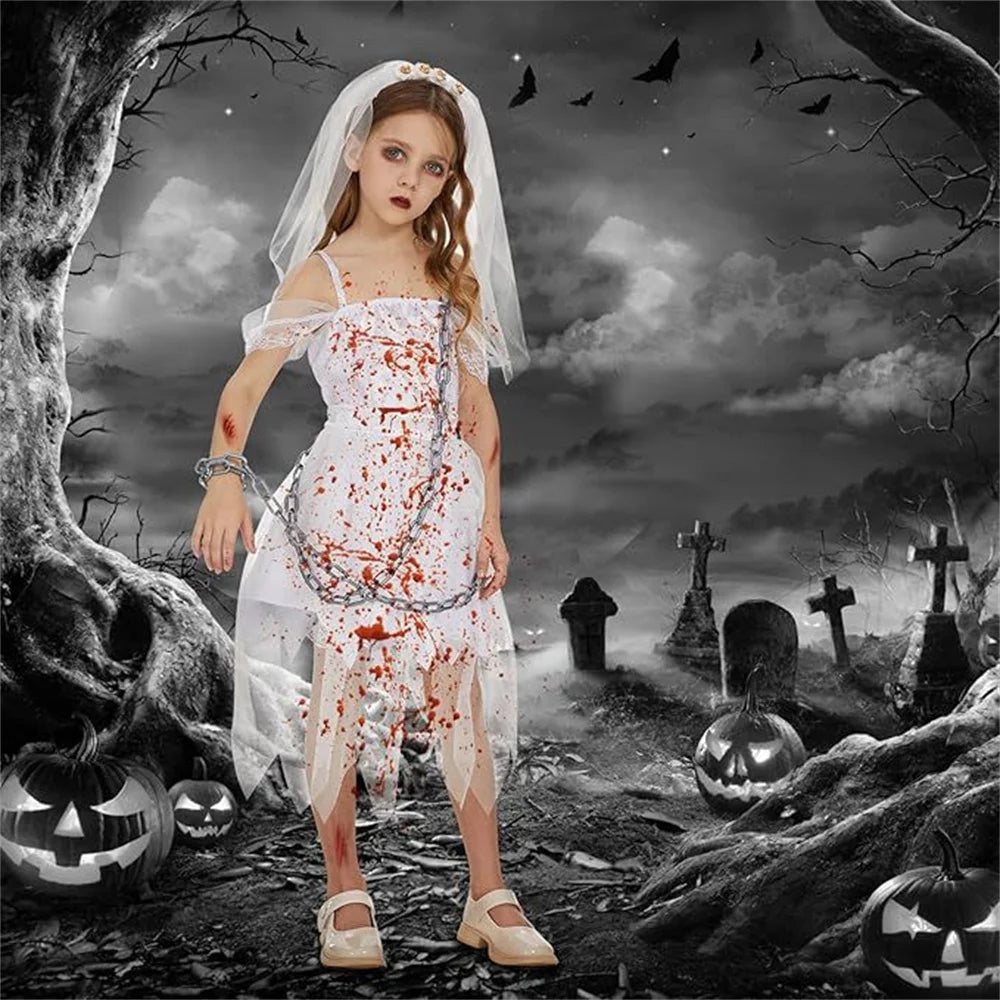 2025 Girls Halloween Party Ghost Bride Witch Ghost Dress Carnival Queen Performance Costume, Includes Headpiece and Skirt