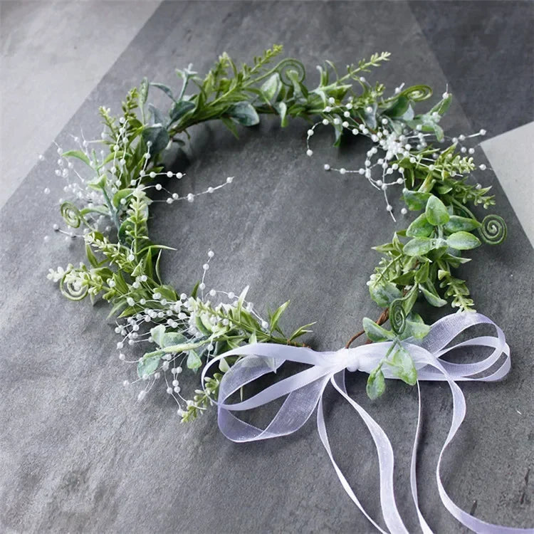 Bride Hair Accessories Fairy Tale Green Plants Simulation Leaf Beads Artificial Leaf Beads Necklace Wreath Wedding Decorations
