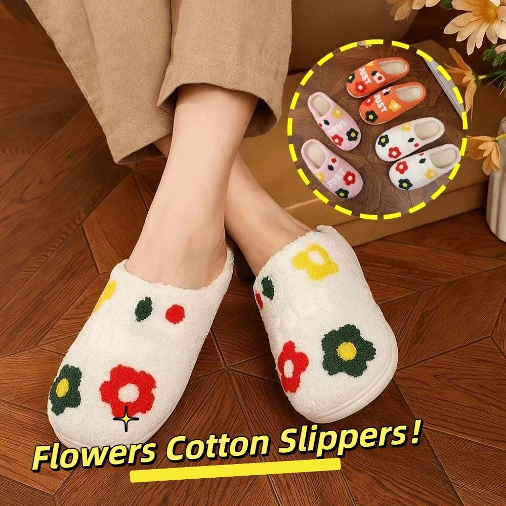 Soft Flowers Cotton Slippers Fluffy Slides Anti-slip Winter Warmer Slippers Furry Green Haired Warm Home Cotton Shoes