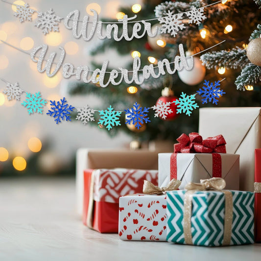 3Pcs Winter Wonderland Banners, Glittery Snowflake Banner Christmas Decorations Banners Winter Holiday Garland Photo Props