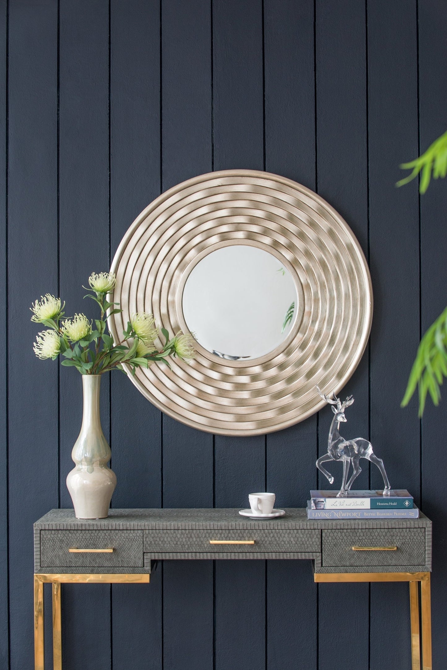 Round Sculpted Silver Wall Mirror with Beveled Glass, 31.3 in