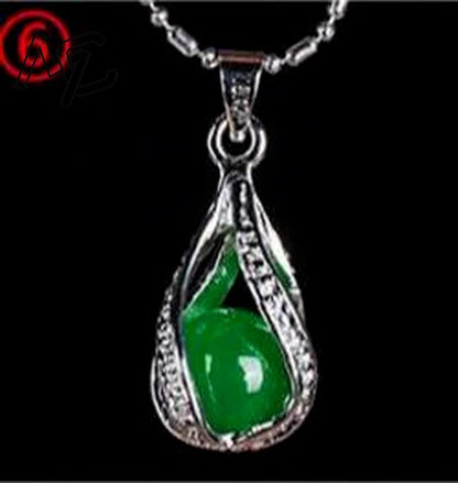 925 Silver Chinese Green Jade Water Drop Pendant Dragon Necklace Jadeite Amulet Fashion Jewelry Luck Gifts Women Sweater Chain