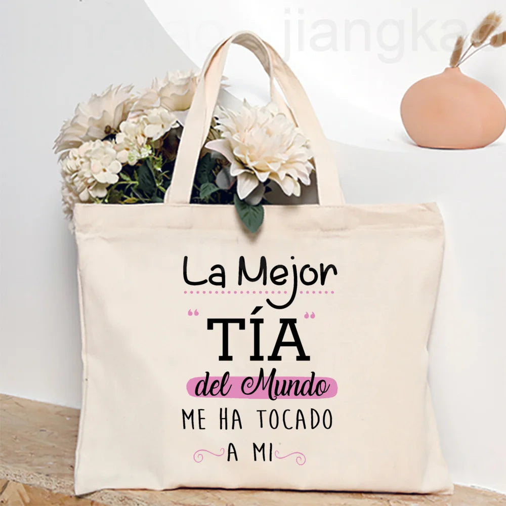 Best Aunt in The World Spanish Printed Tote Bag Women Shopping Bags Canvas Shoulder Bag Birthday Holiday Christmas Gift for Tia
