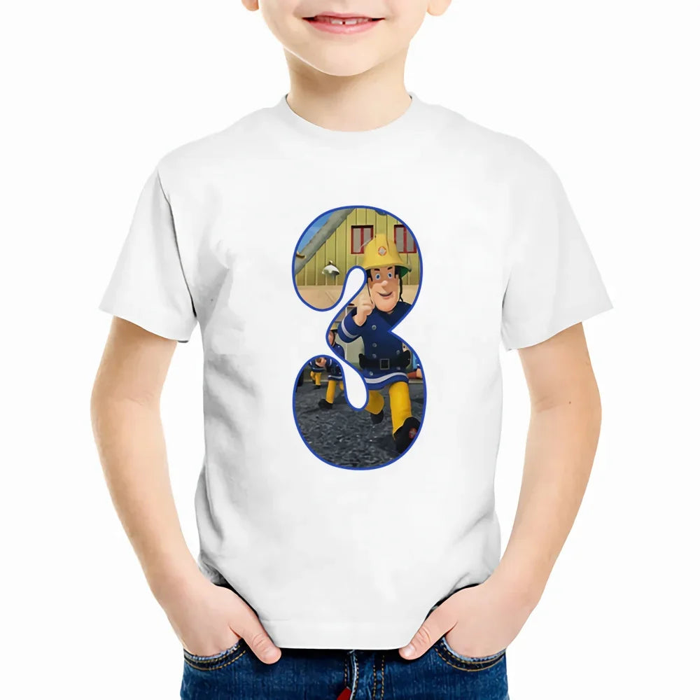 Baby Kids Cartoon Birthday Number 1-9 Print T Shirt Fireman Sam Children T-shirts Boys Girls Funny Gift Summer Clothes,YKP022