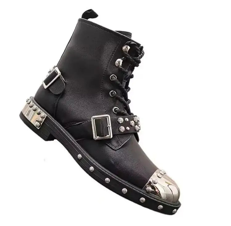Punk Style Metal Toe Rivets Studs Buckle Strap Chelsea Boots Men Black Leather Motorcycle Boots Shoes Man Zapatos Hombre
