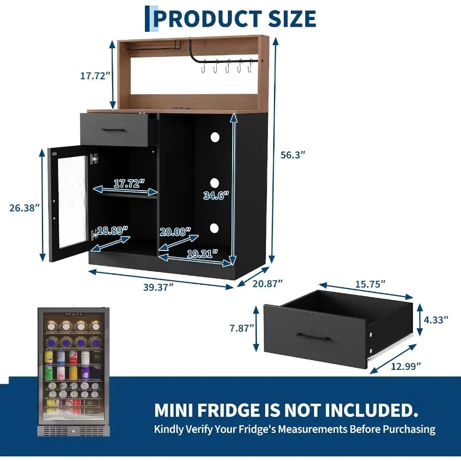 Wine bar cabinet with fridge space and top display hutch for home entertainment, black metal and wood, sleek modern design with