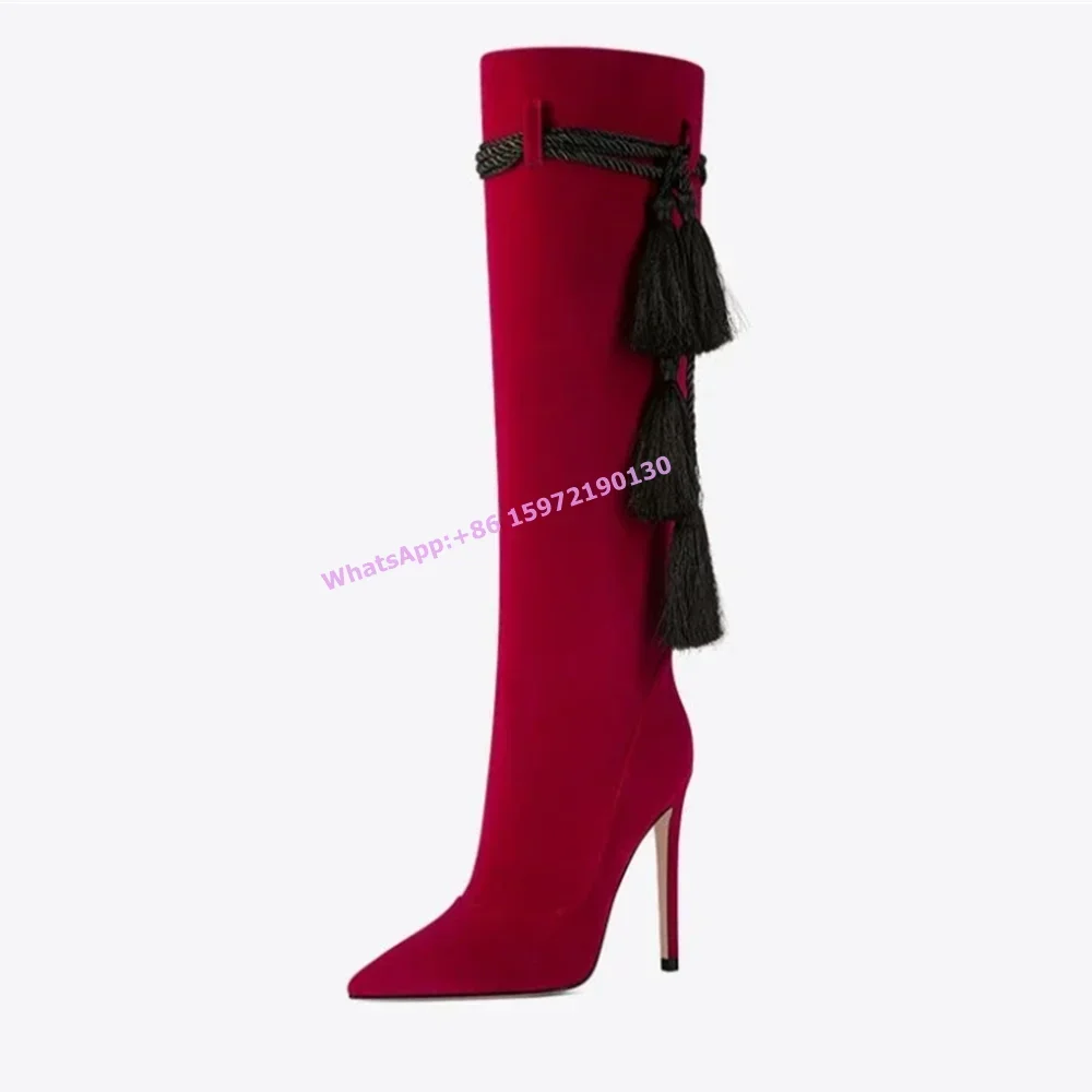 Winter Black Suede Red Fringed Boots Pointed Toe Twine Lace Up Slip On Stiletto Knee-Length Boots 2024 Runway New Design Shoes