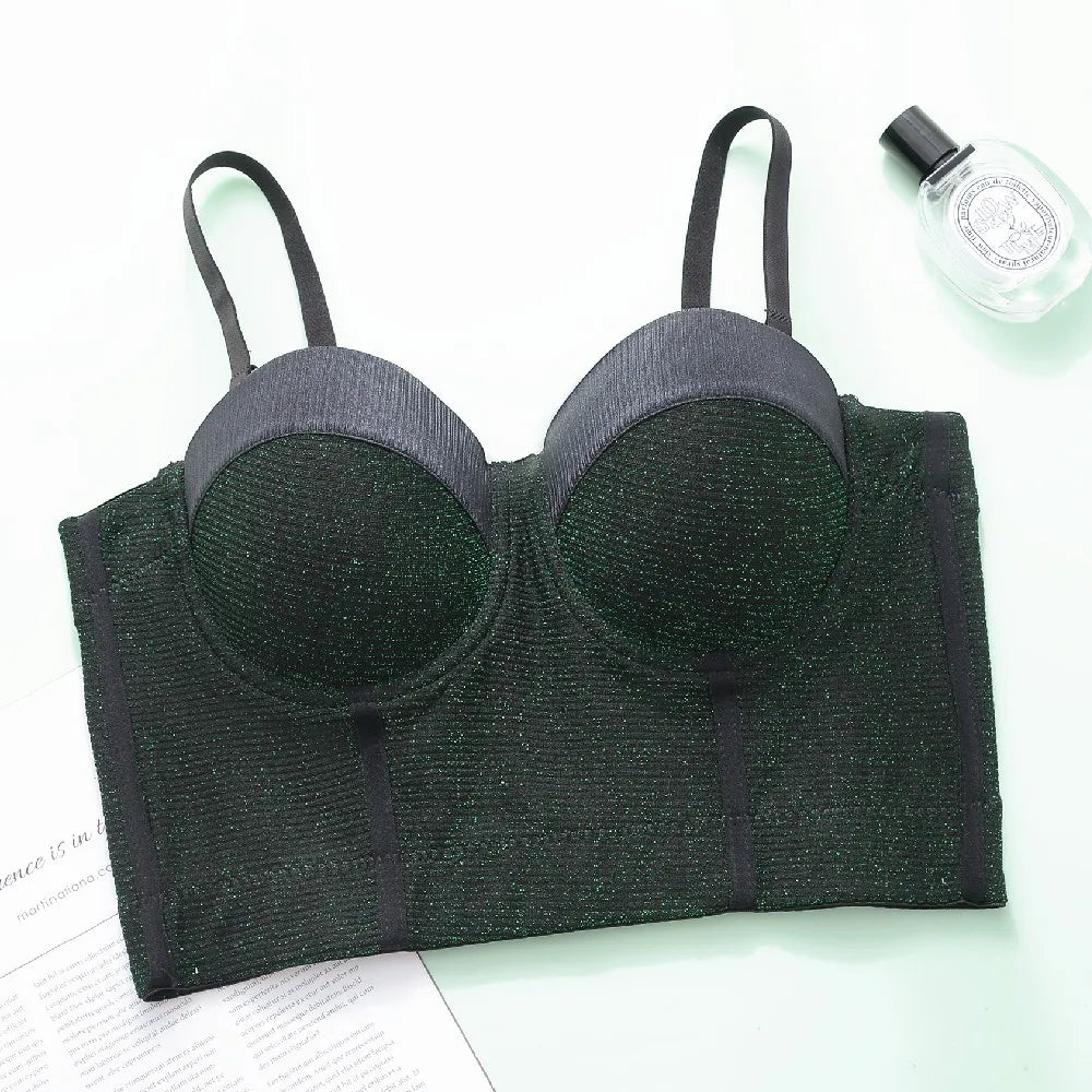 Women's Shiny Sexy Bra Corset Girls Push Up Cropped Tops Lady Halter Bling Bustier Tube Night Club Cool Camis Tanks Lingeries