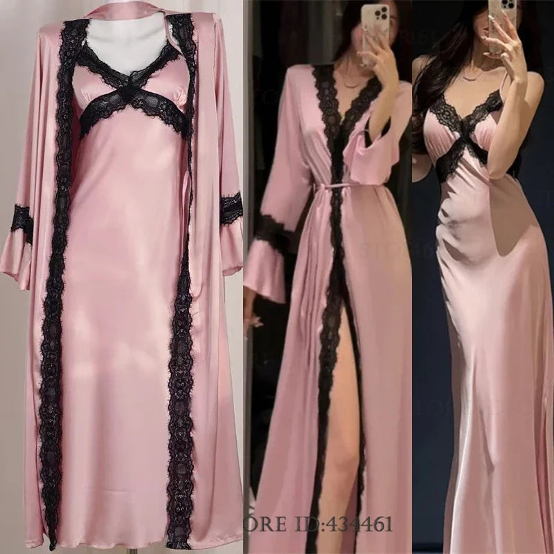 Sexy Women's Nighty&Robe Set Long Kimono Bathrobe Gown Spring Summer New Sleepwear Home Dress Satin Backless Nightgown Lingerie