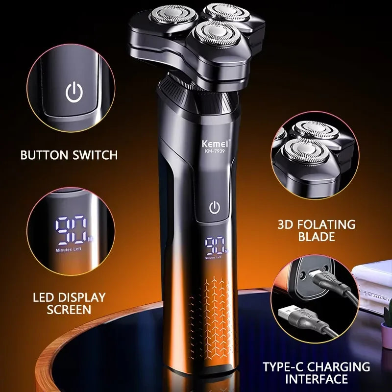 Kemei Electric Shaver Washable Rechargeable Electric Razor Shaving Machine Men Body Hair Beard Trimmer Wet-Dry Use Waterproof