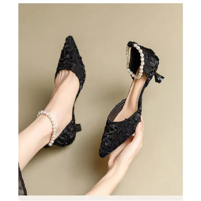 Women High Heel Pumps Size 34-42 Pearls Strap High Heels Lace Women White Wedding Shoes Stiletto Heel Point Toe Bride Bridesmaid