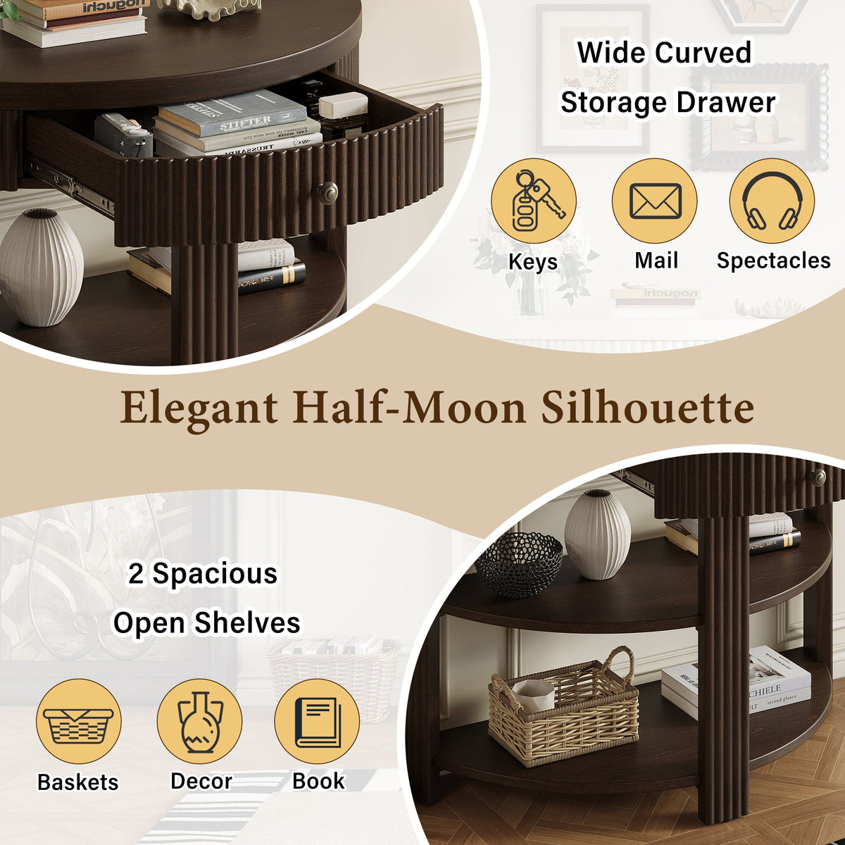 Fluted Half Moon Console Table with Drawer and 2 Shelves for Entryway,