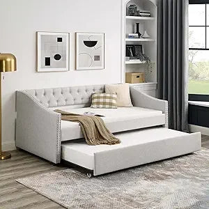 Antetek Daybed with Trundle, Modern Velvet Upholstered Twin Size Day Bed Button-Tufted Sofa Daybed Frame and A Trundle, No Box S