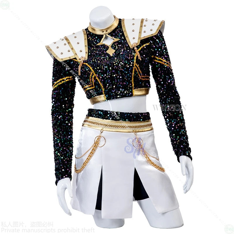 Huntrix Zoey Kpop Demon Cosplay Anime For GOLDEN Stage Uniform Black Coat White Mini Dress Kawaii Jirai Kei Girls Korea Idol Cos