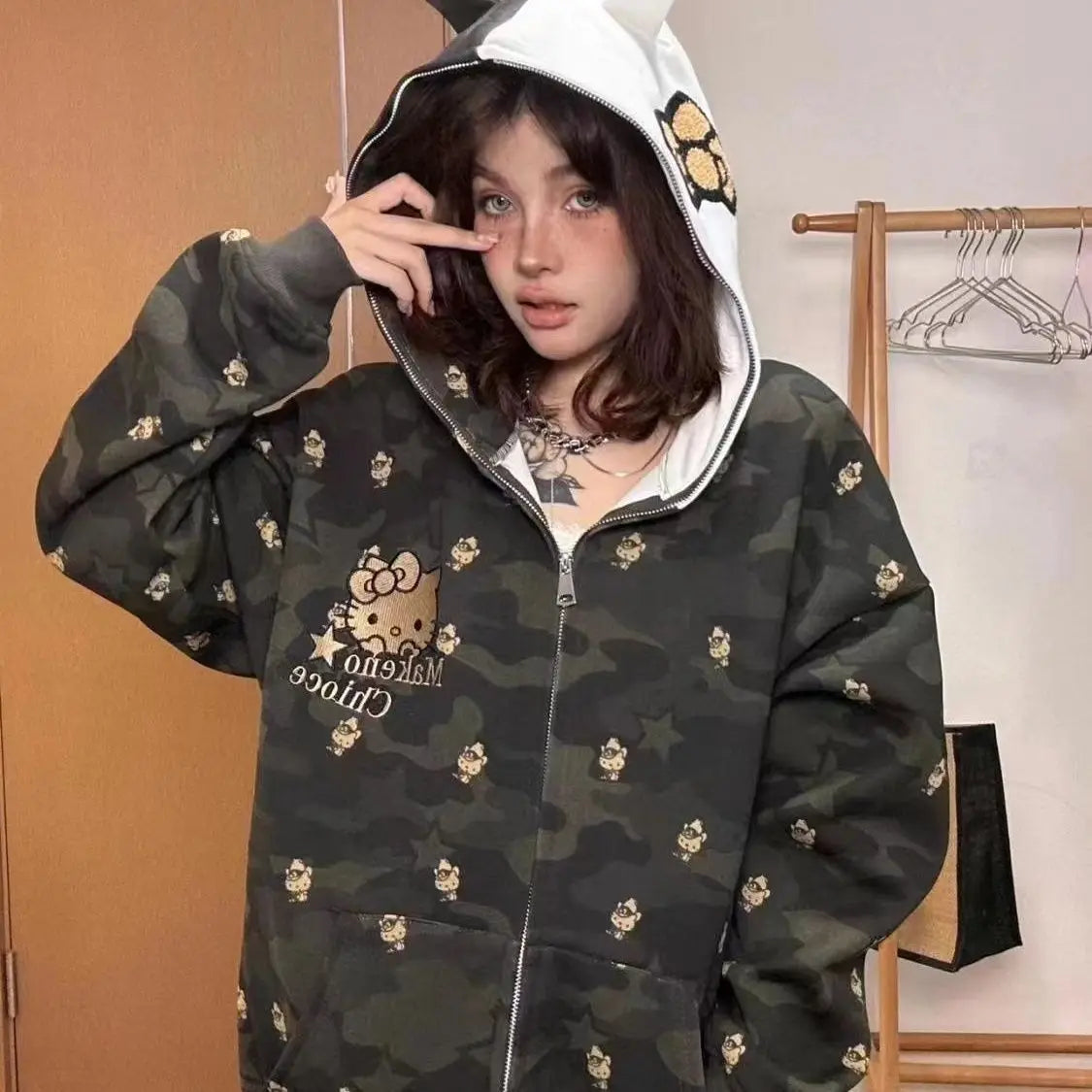 Miniso Cartoon Hello Kitty Hooded Zipper Sweater Kawaii Y2K Couple Cardigan Pure Cotton Camouflage Jacket Trendy Christmas Gift