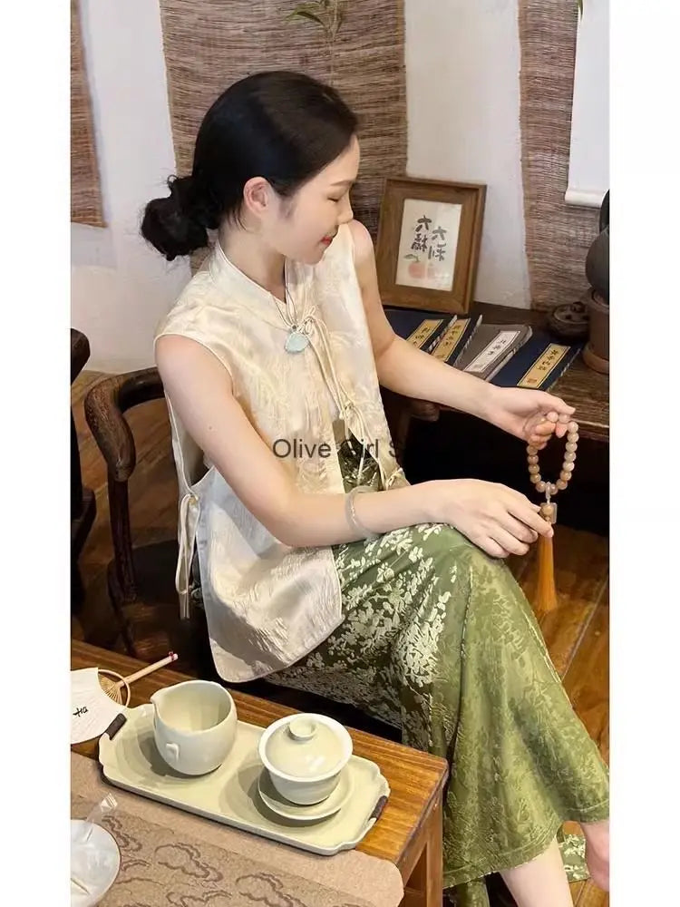 Women's Vest Skirt Set Light Luxury High End Green Half Skirt Two Piece Set New Chinese Traditional Clothing