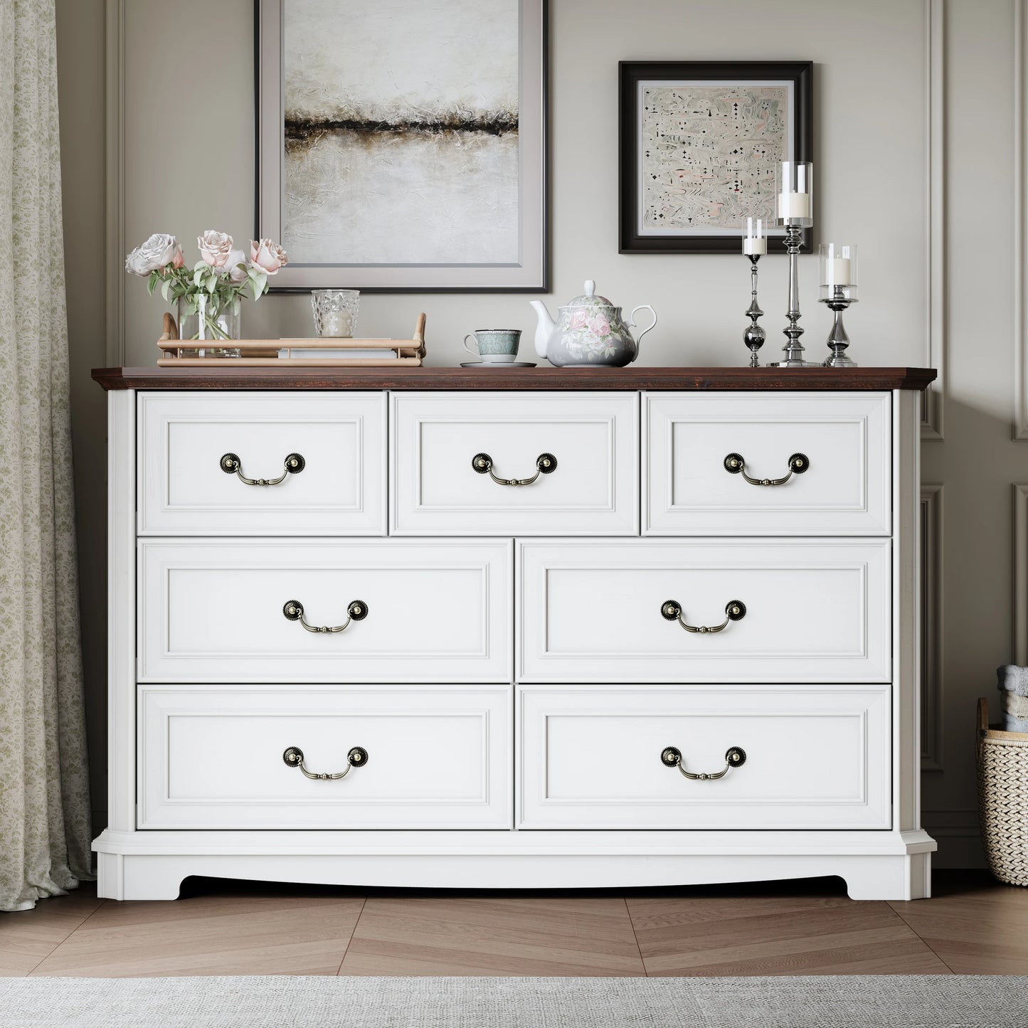 Farmhouse Dresser for Bedroom with 7 Drawer, Wood Vintage Dresser TV Stand for Living Room, Hallway