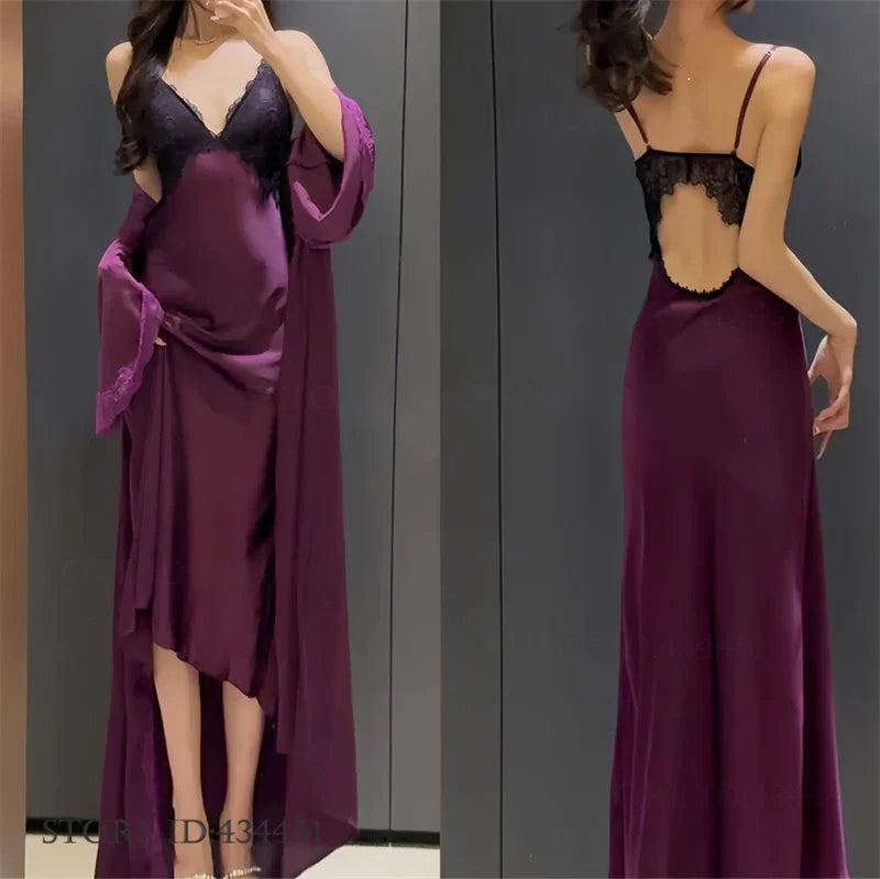 Sexy Women's Nighty&Robe Set Long Kimono Bathrobe Gown Spring Summer New Sleepwear Home Dress Satin Backless Nightgown Lingerie