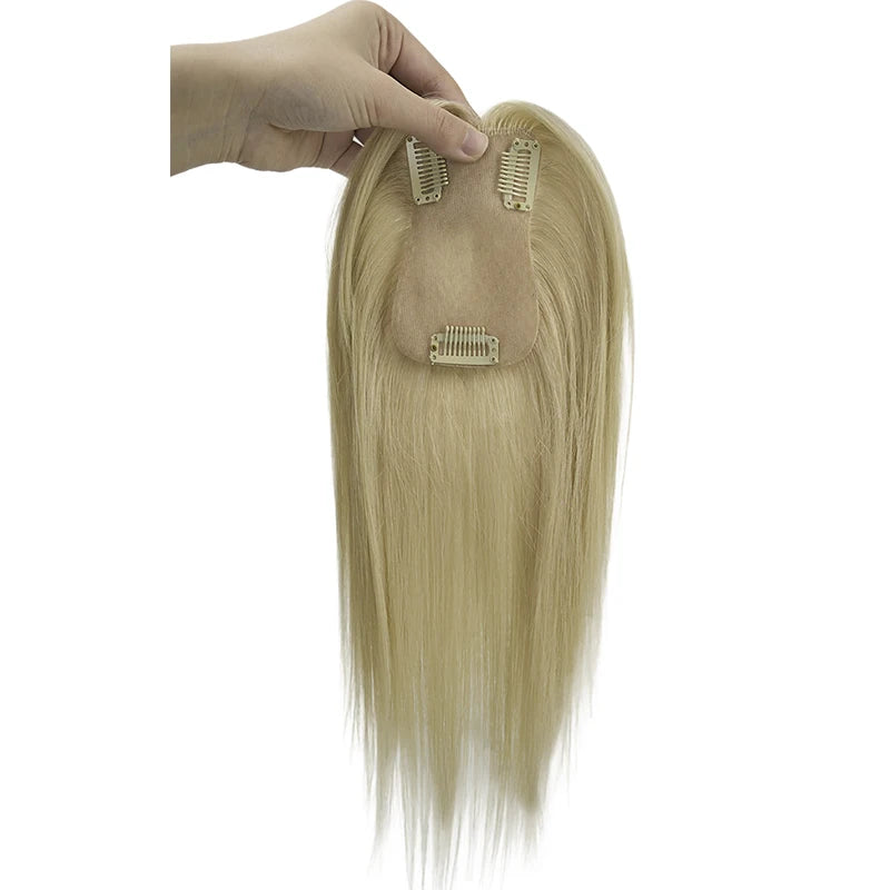 Clip in Women Human Hair Wigs Silk Base Human Hair Toppers Brazilian Human Hairpiece Blonde Hair Toupee Natural Hair System