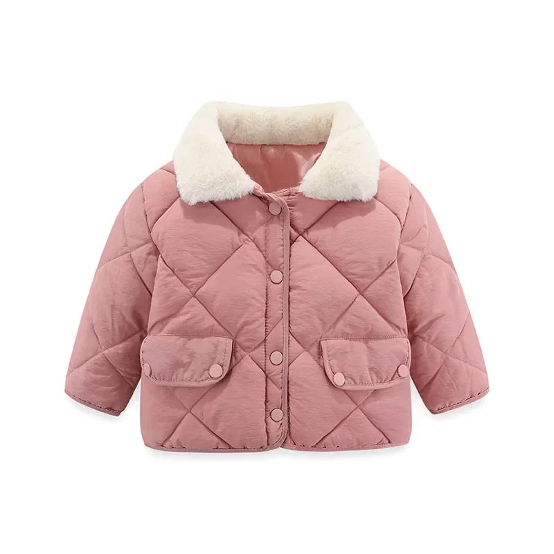 Children's Loose Cotton Clothes 18M-7Y Baby Short Diamond-shaped Lapel Cotton Jacket Boys and Girls Thick Warm Fur Collar Coat