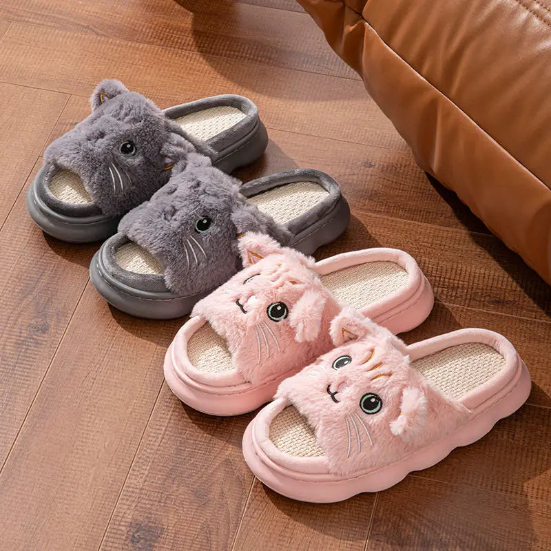 Open Toe Plush Shoes for Women Men Couples Cat Slippers Cute Stereoscopic Kitten Shoes Breathable Linen Slipper