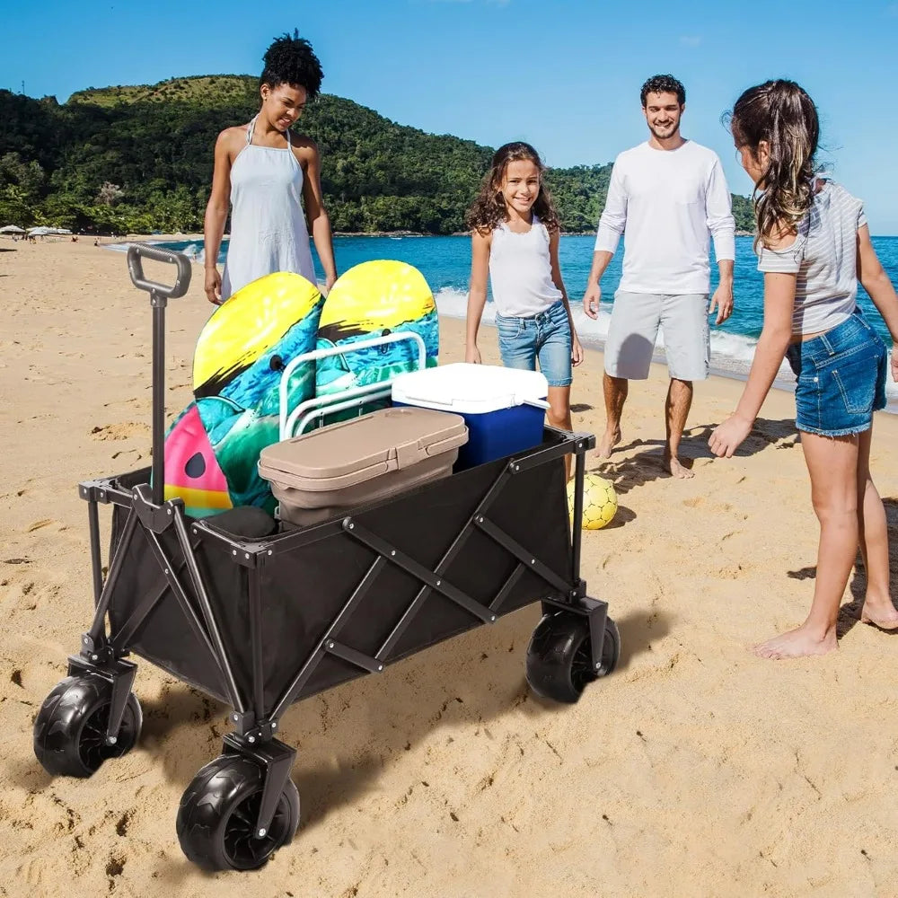 Beach Wagon with Big Wheels for Sand, 9" All Terrain Tires Collapsible Wagon, 450LBS Heavy Duty Beach Cart with Balloon Style W