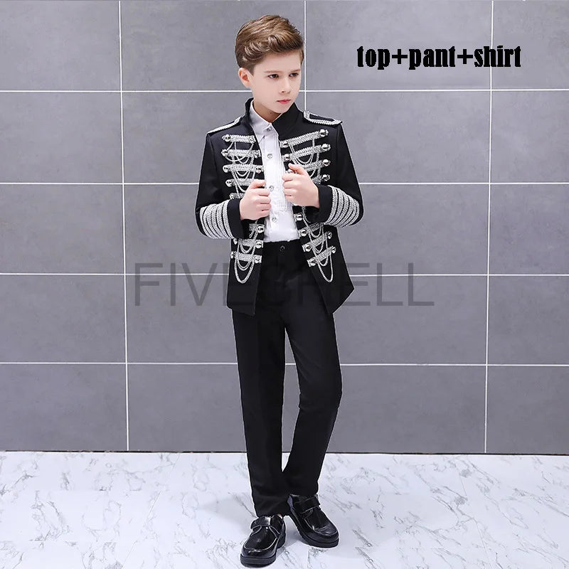 Medieval Steampunk Prince Blazer Costume Military Tassel Chains Cosplay Jacket Shoulder Pad Coat Pop Stage Dacing Tops for Kids