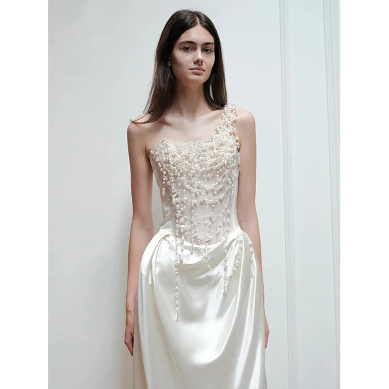 2025 French Strapless Evening Dress For Brides Niche Light Luxury Satin For Going Out Heavy Industry Pearl Light Wedding Dress