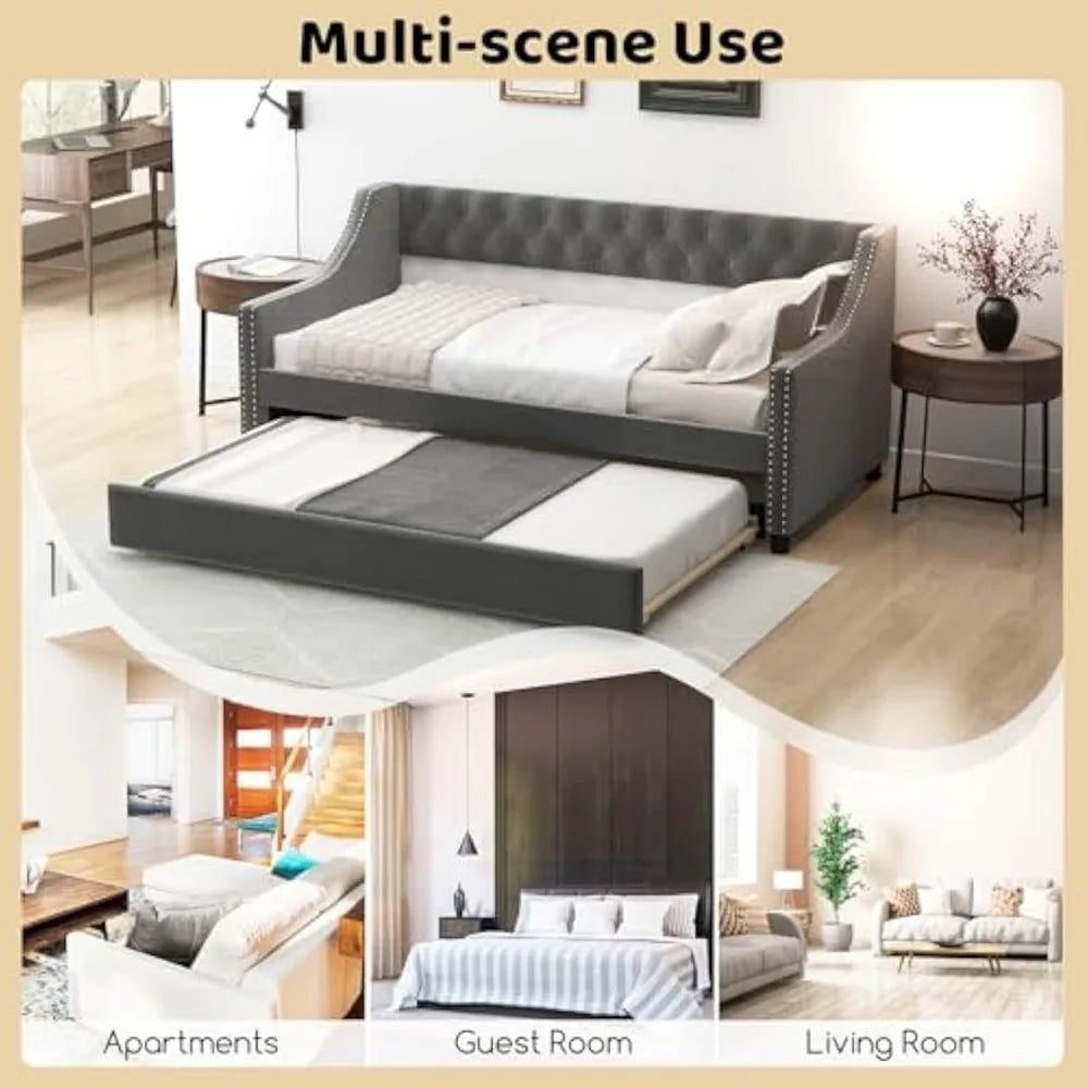Giantex Upholstered Twin Daybed with Trundle, Modern Trundle Bed with Button Tufted Backrest and Wooden Slat Support, Twin Size