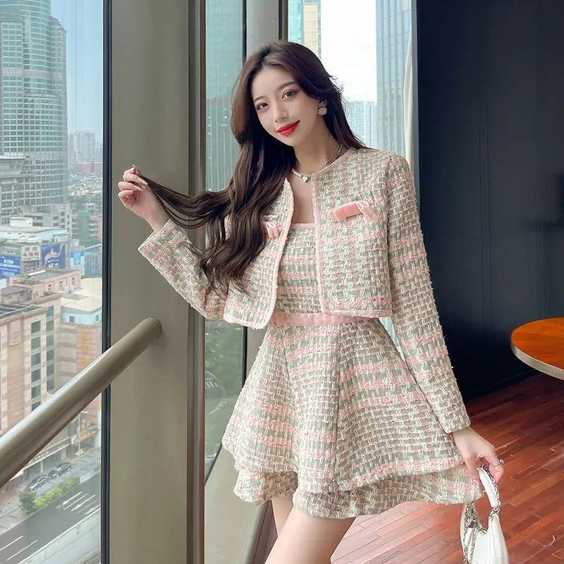Sweet Girl Fashion Two Piece Sets Autumn New Small Fragrant Style Pink Tweed Short Coat+Suspender Dress Elegant Set