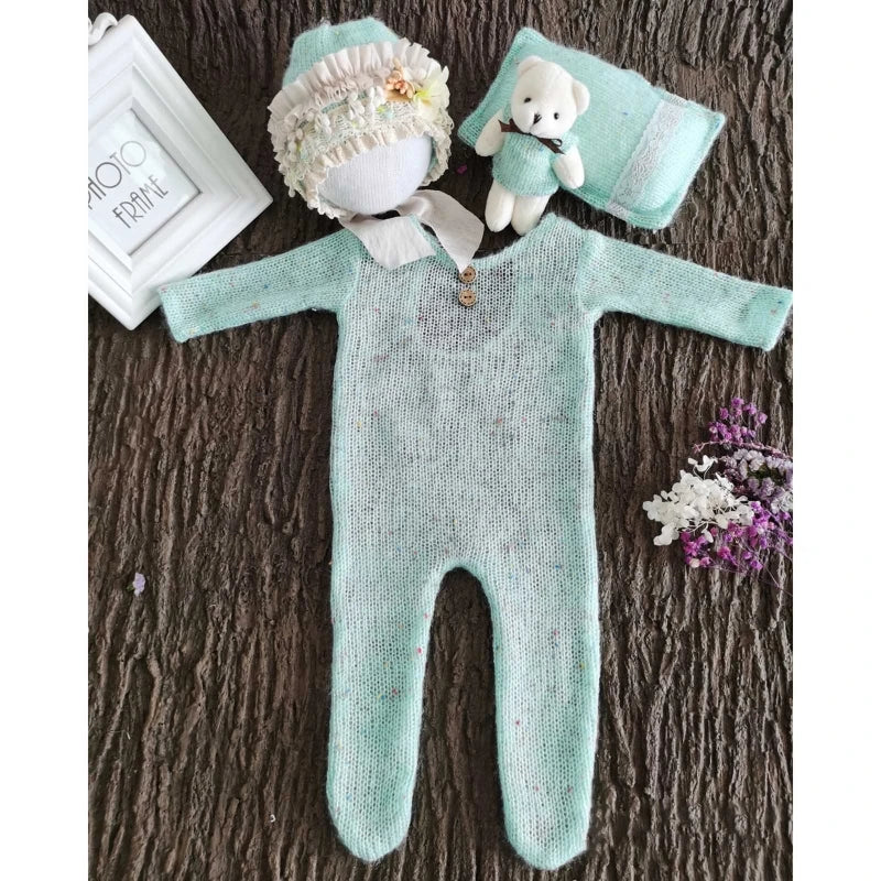 4 Pcs/Set Baby Clothes Newborn Photography Props Baby Romper Jumpsuit Hat Pillow Set With Cute Bear Doll Photo Shooting Outfits