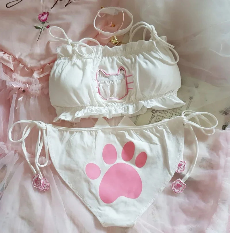 Japanese Anime Cat Girl Cosplay Bra Panties Set Women Sexy Lingerie Underwear Intimates Kawaii Lolita Hollow Out Cute Nightwear
