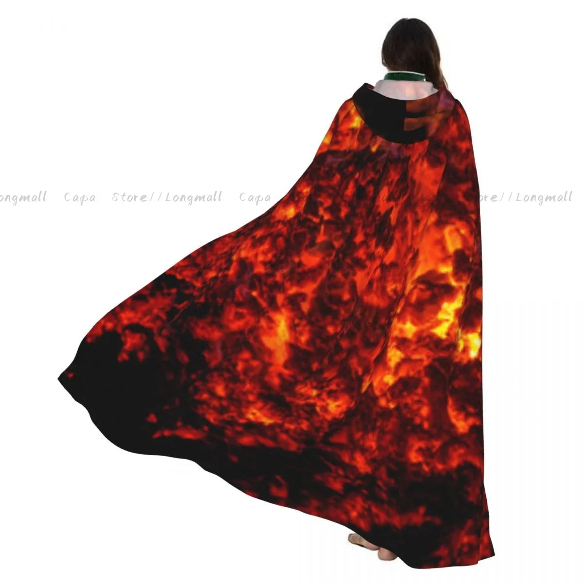 Adult Vampire Cape Hooded Robe Flames Of Fire Background Halloween Cloak Full Length Cosplay