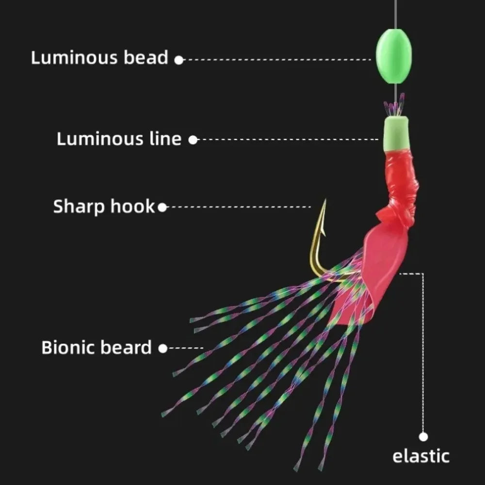 6pcs Luminous Bean Sabiki String Hook Rig Wobbler Rubber Bionic String Hook 10 Sizes Lure Bait Tackle for Sea/Freshwater Fishing