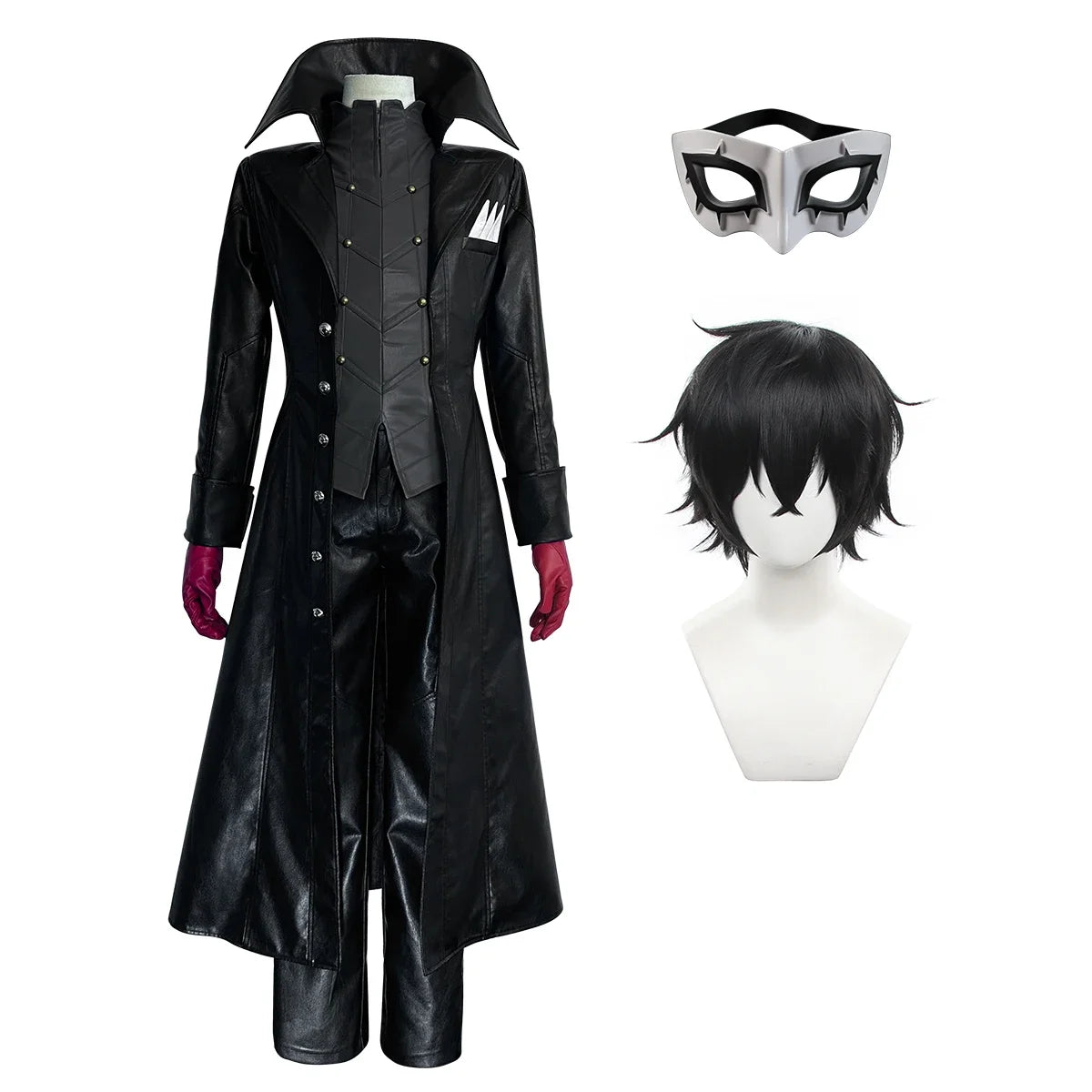 Cosplay P5 Game Ren Amamiya Cosplay Costume Wig Mask Joker Faux Leather Coat Pants Vest Gloves Daily Wear Cos Convention Rose Ne