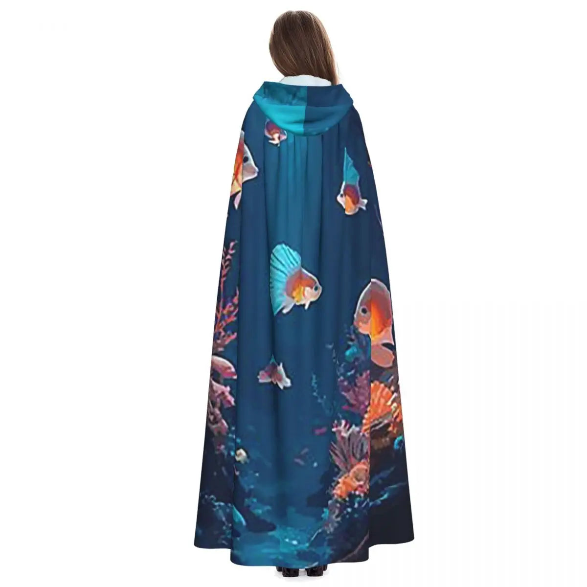 Underwater World Tropical Fish Long Hooded Cloak Witch Medieval Costume Cosplay Cape HalloweenCoat Adult Unisex