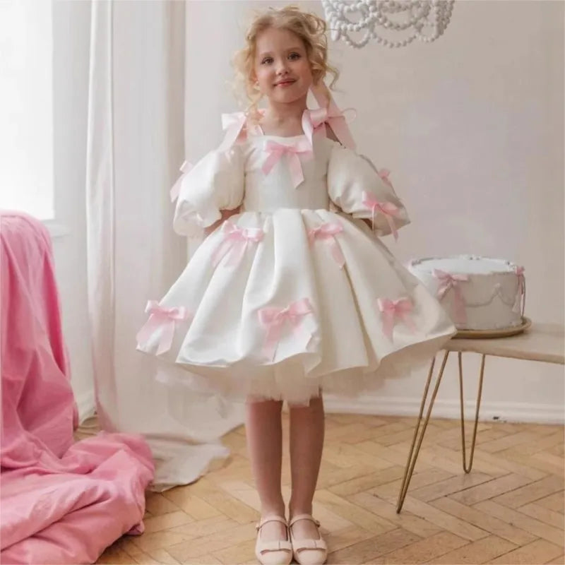 Baby Girl Princess Bow Strap Tutu Dress Infant Toddler Child Vestido Puff Sleeve Christmas Birthday Party Baby Clothes 2-14Y