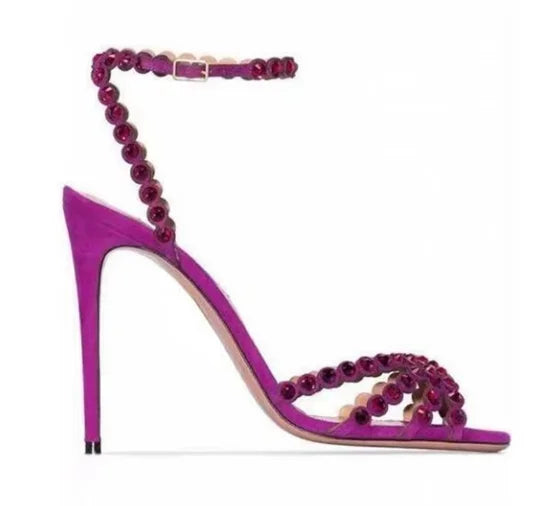 Big Size43 Crystal Embellshed High Heel Sandals Green Purple Suede Ankle Strap Dress Shoes Cutouts Celebrating Dress Shoes