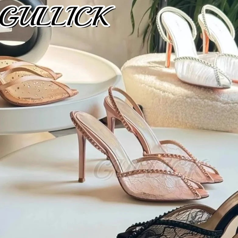 Rhinestones Heeled Sandals Pointed Toe High Heels Air Mesh Slip On Pull On Shoes Women Luxury Designer Slingback Sandalias 2025