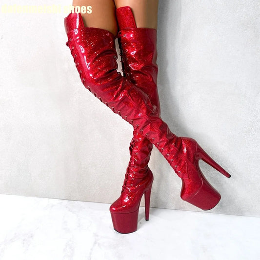Red Round Toe Lace Zipper High Heels Over The Knee Boots Shiny Patent Leather Women Platform Boots Sequins New Fashion Shoes