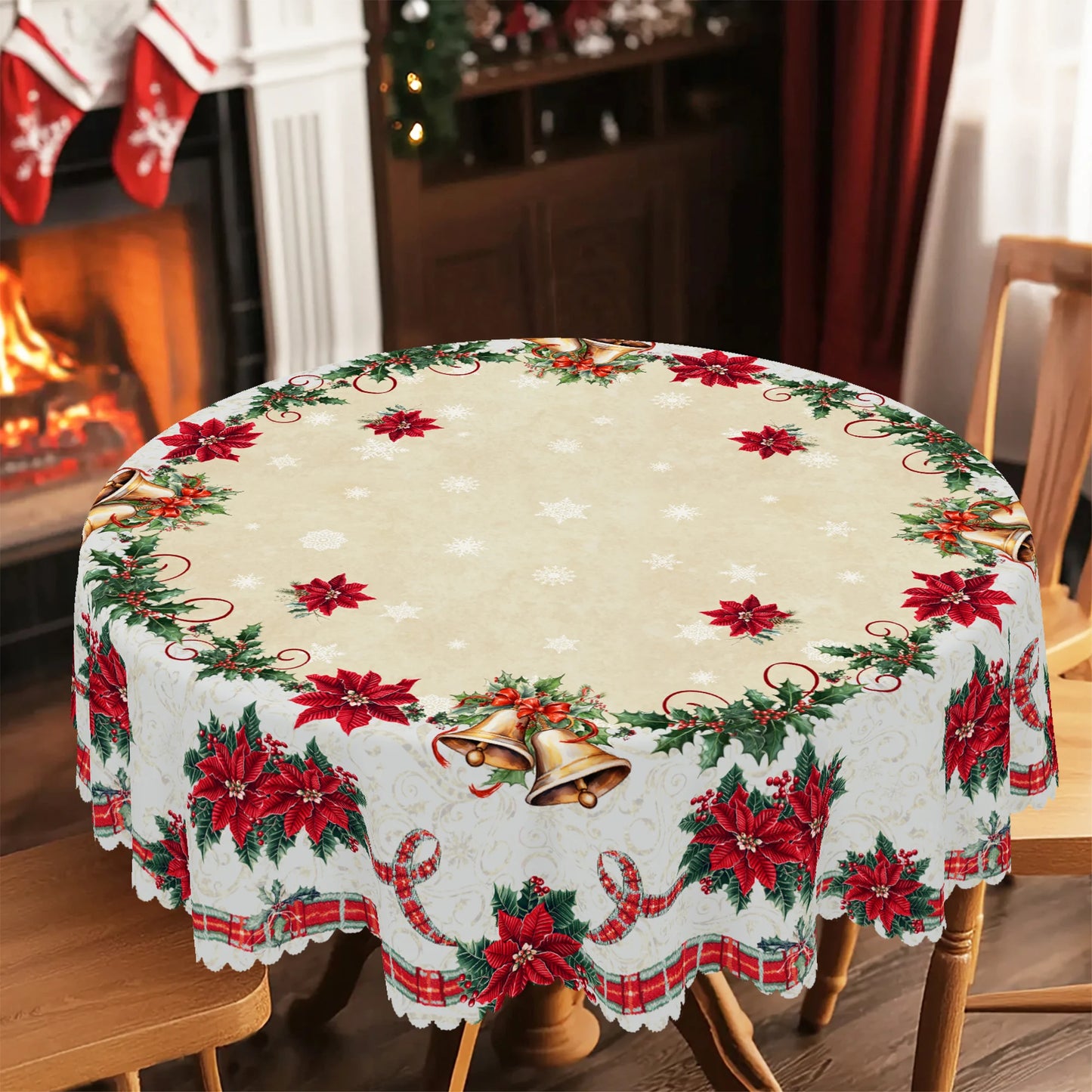 1 Piece Christmas Round and Rectangular Tablecloth, Available in Various Sizes, Christmas Retro Floral Print Pattern Tablecloth, Christmas Garden Tablecloth Decoration, Tablecloth for Daily Home Kitchen, Terrace, Gift