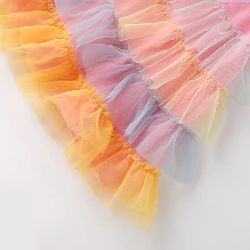 Girls' Dress 2025 Summer Fashion Children's Clothes Princess Rainbow Pink Cake multi-layer Gauze Baby Girl Birthday Party Dress