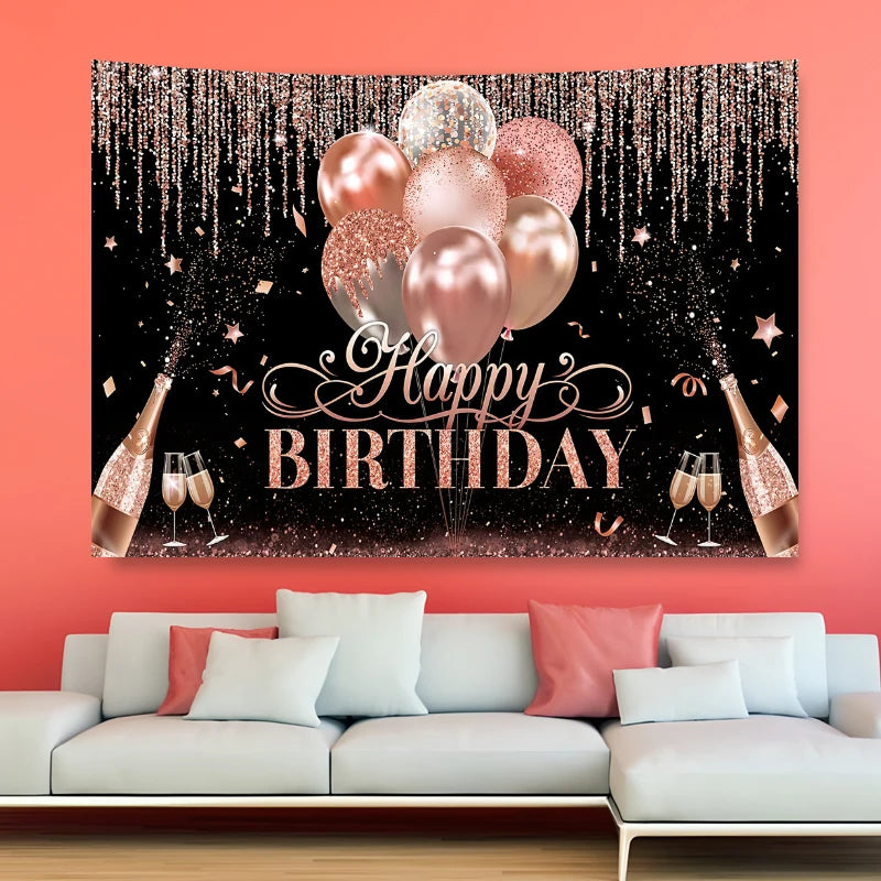 Shiny Balloon Glitter Pink Background Cloth Happy Birthday Party Baby Shower Decoration Arrangement Banner Photography Props