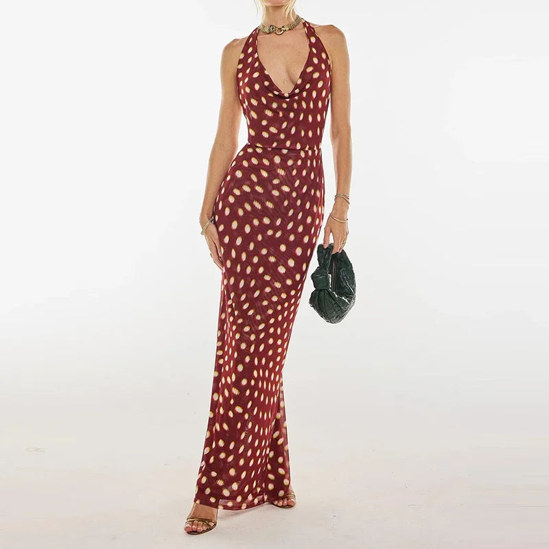 Sexy Sleeveless High Waisted Beach Dress Casual Printed Backless Long Dress 2025 New Women's Neck Hanging Hollow Slim Fit Dress