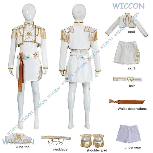 WUHU@Adults kids Suit Huntrix K-Pop Mira Cosplay Demon Hunters White Set Wig Halloween Cosplay Outfit Women Stage Uniforms Costu